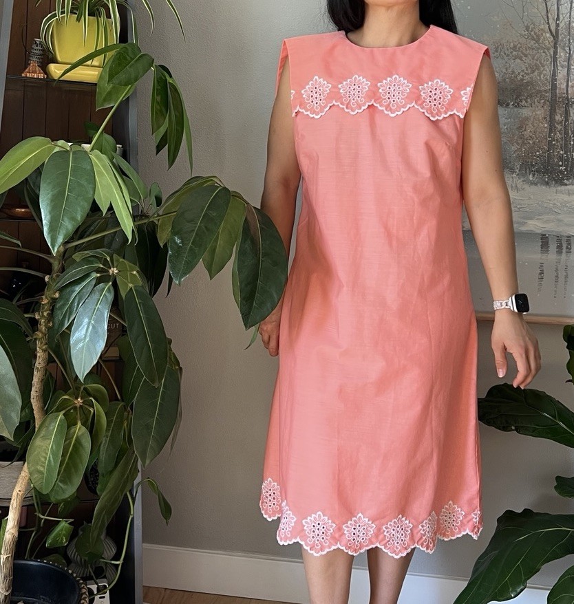 vintage 60s orange white embroidered sailor collar sheer mod midi dress medium
