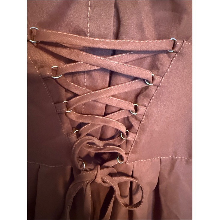 Terracotta Rust Lace Up Corset Mini Dress Long Sleeve Open Back Women Large