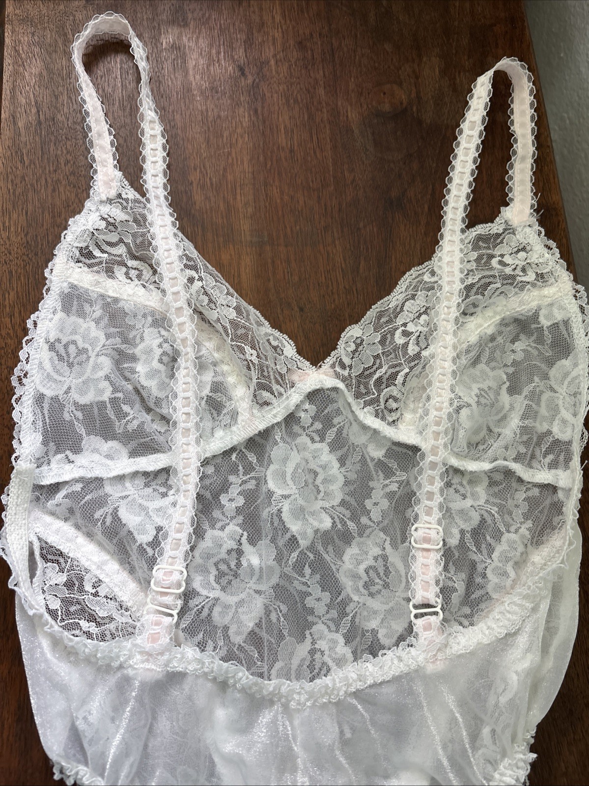 Vintage E. Bole White Lace High Cut Teddy Sheer Lace Pink Bow Ribbon Lingerie M