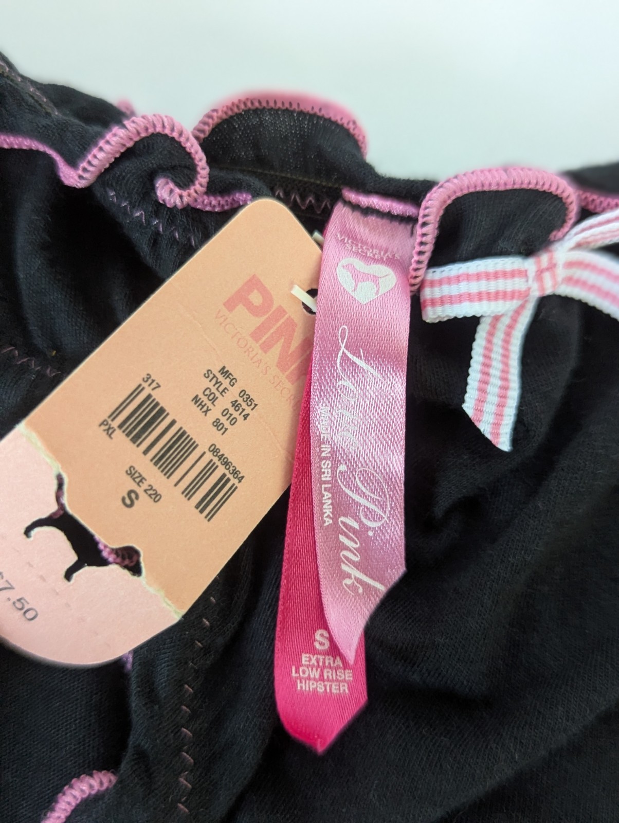 Vintage Victoria Secret Love Pink Hipster Panty Black Extra Low Rise Dog NWT