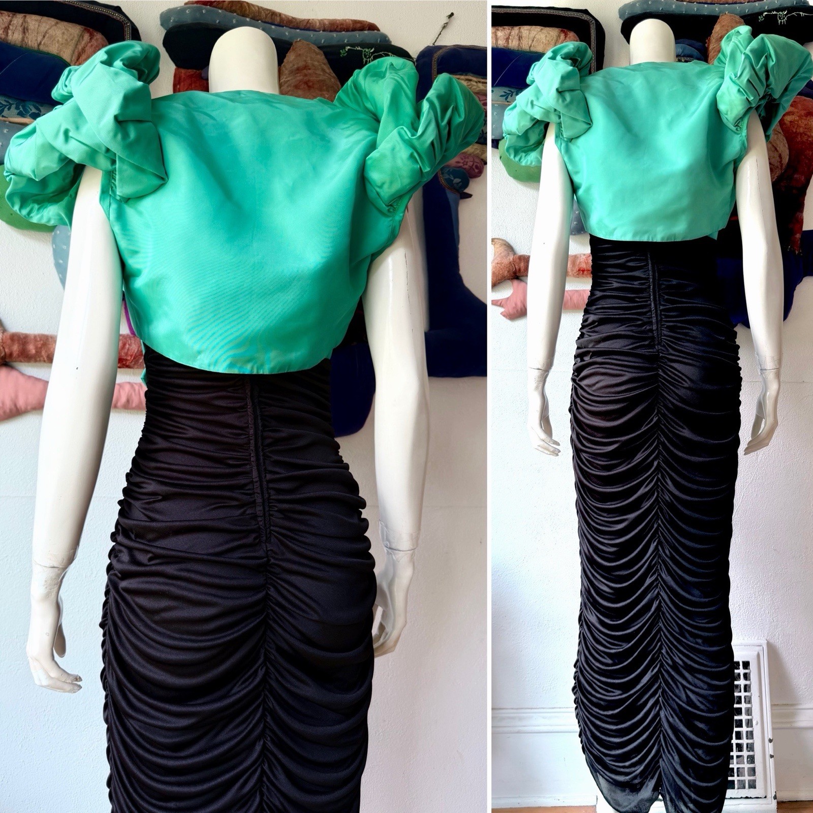 Vintage 1980s Climax David Howard Ruched Maxi Dress Dramatic Bolero Black Green