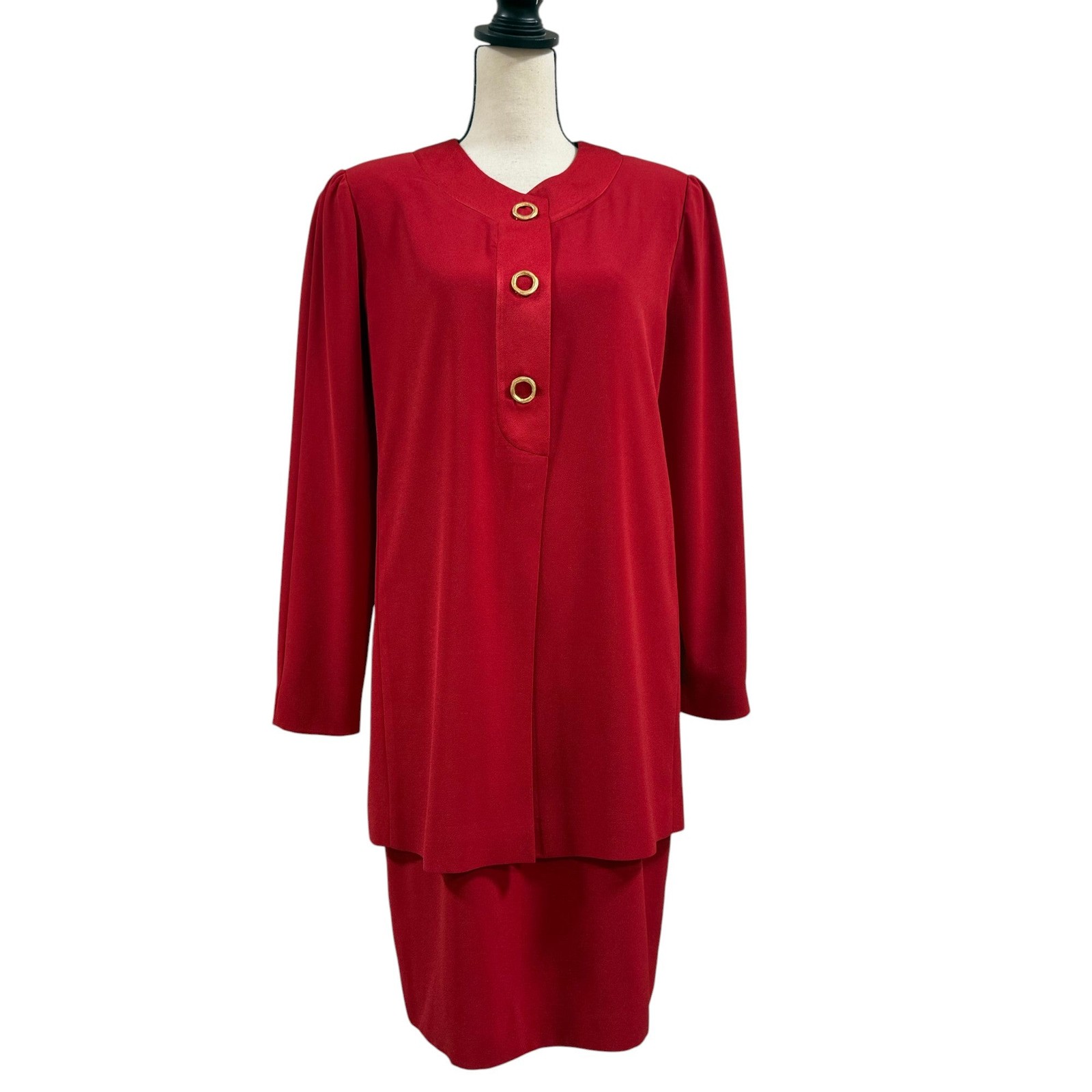 VTG 80s Evan Picone Red Long Sleeve Dress with Gold Buttons Size 10