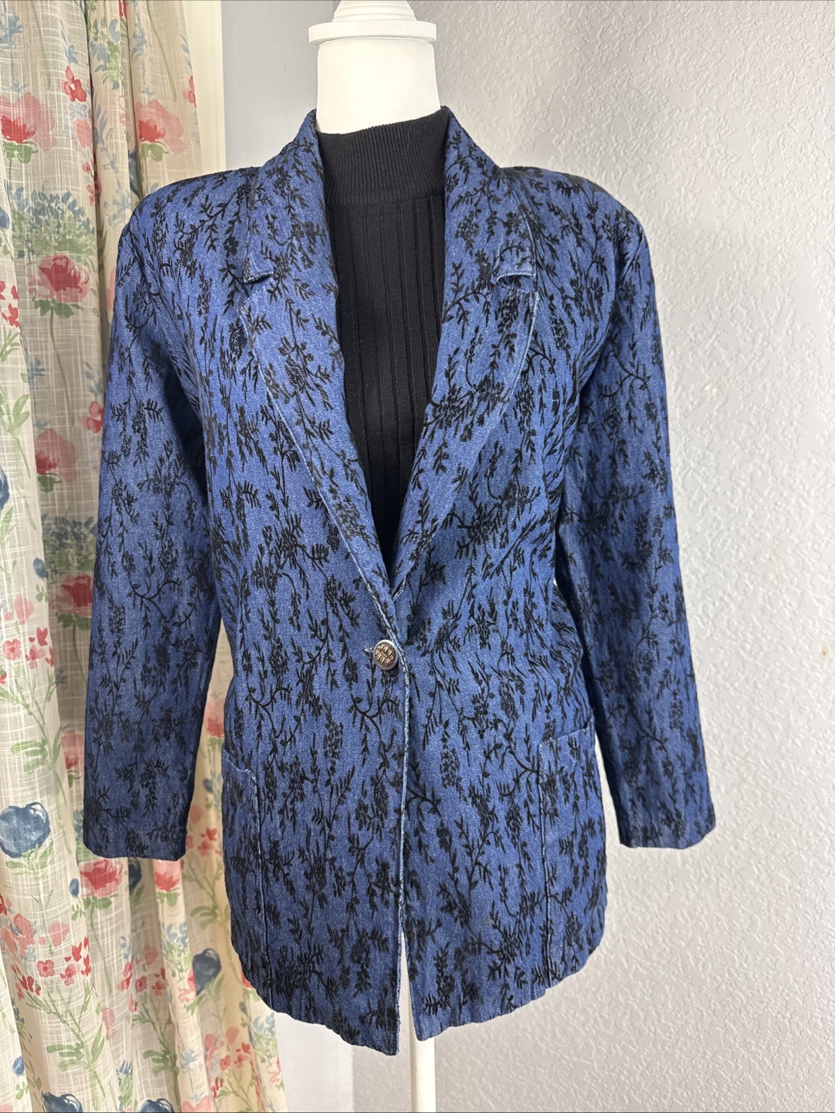 Vtg Raphael Lorenzo Denim / Black Embroidered Flowers Goth Blazer Sz M