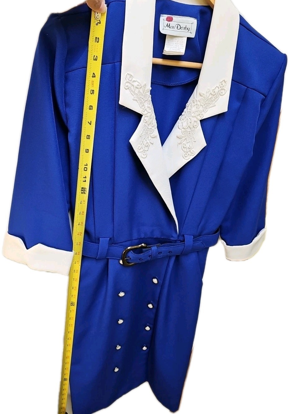 Vtg Miss Dorby Blue & White Double Breasted Belted Blazer Dress 12 P USA ILGWU
