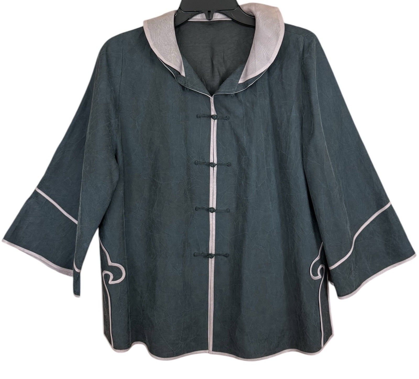 VTG 100% Silk Tang Jacket Teal Gray Double Collar w/Pink Overlay & Piping Sz-L