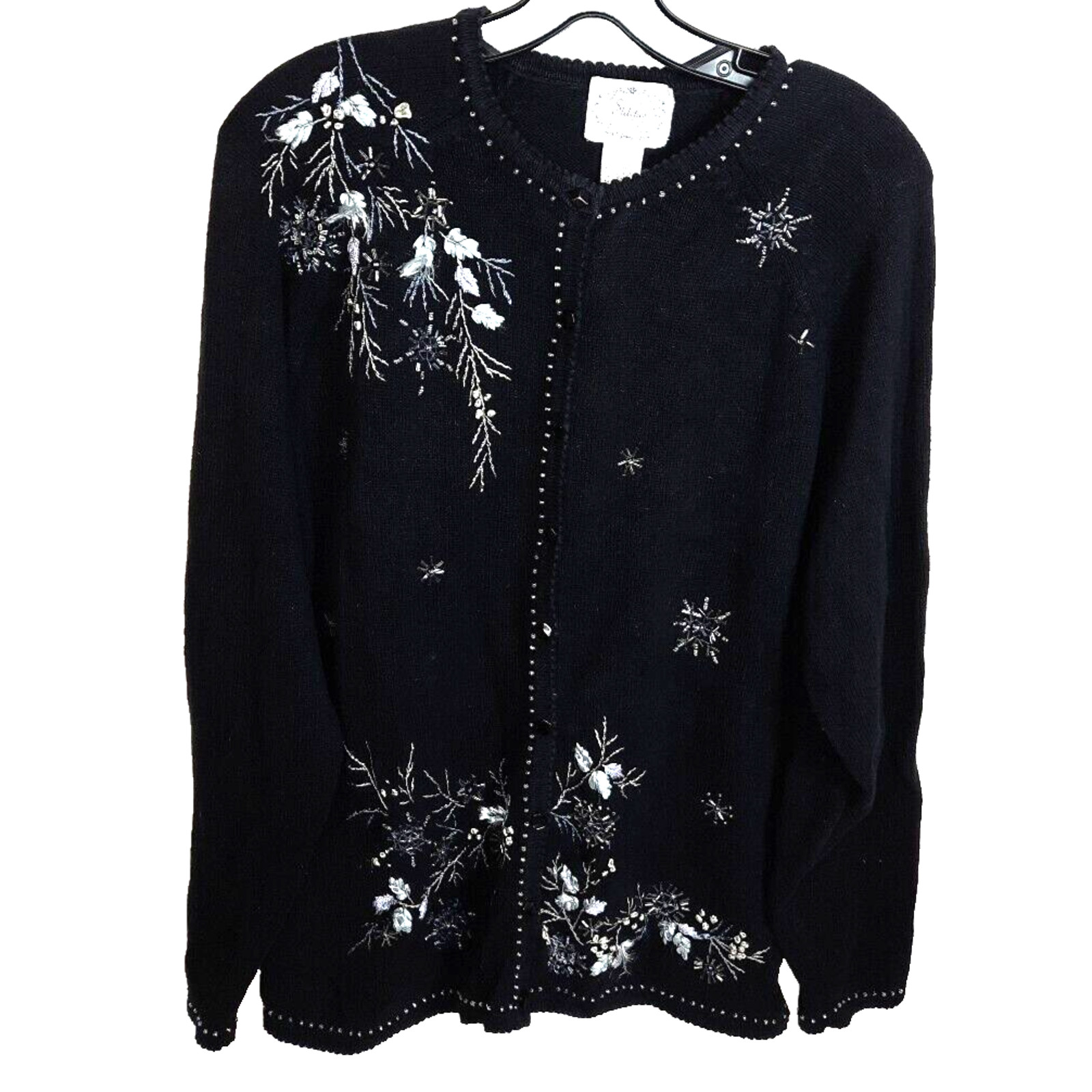 Stitches in Time Snowflake Beaded Embroidered Cardigan Sweater Large Black White