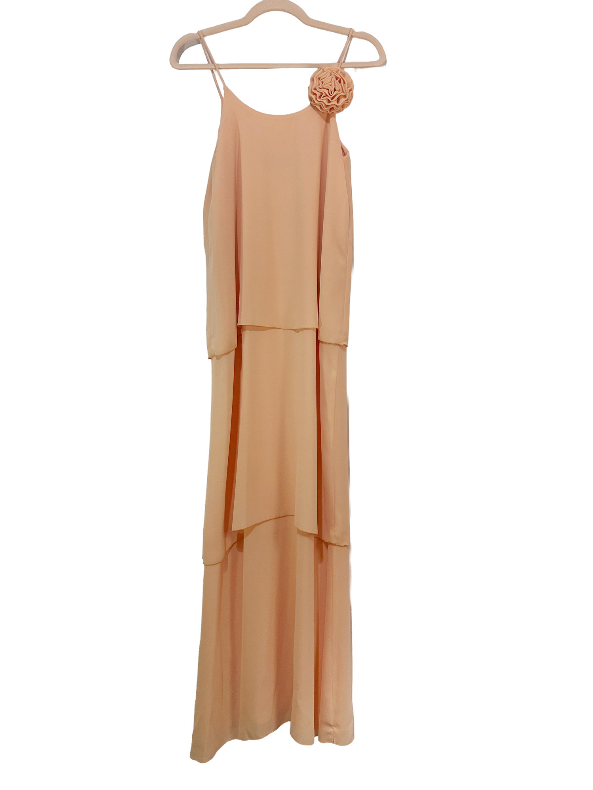 1970s Enrico Serrati Apricot Tiered Chiffon Maxi Dress w Shoulder Rosette Fit xS