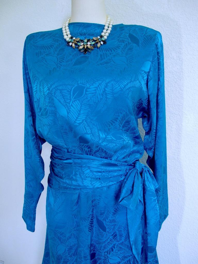 Vintage 80s Jerry Regenbogen Silk Dress 6 Sapphire Blue Sash Wrap Retro Glam