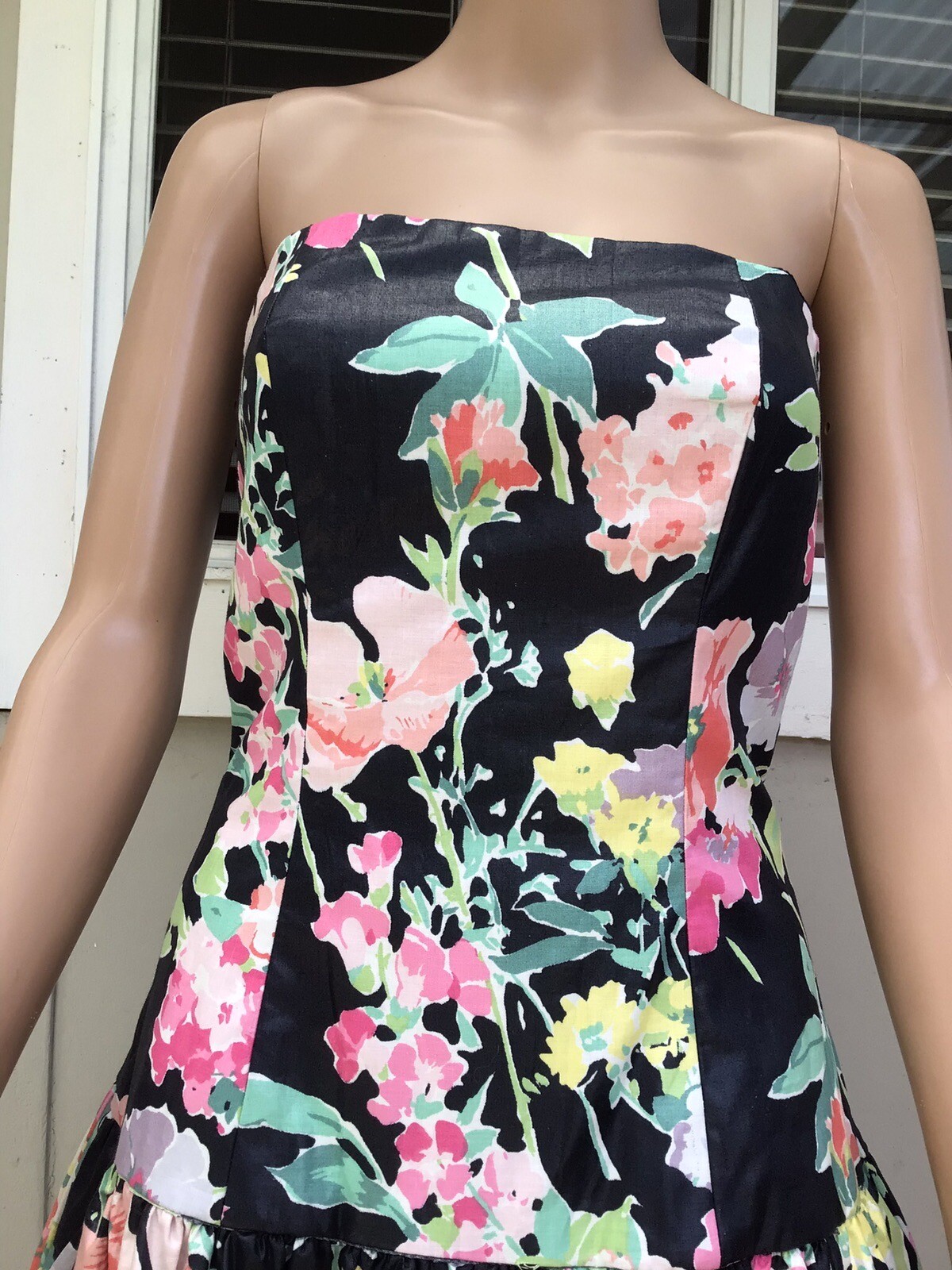 Vtg 80s S G Gilbert Black Floral Chintz Drop Waist Sleeveless Party Dress 8