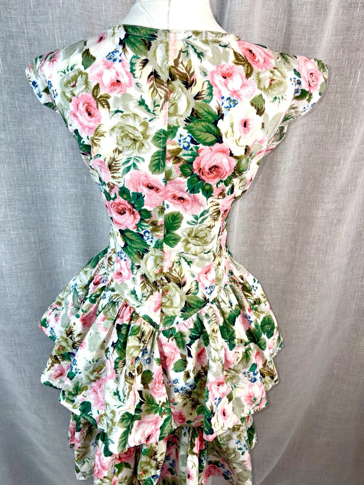 Vintage 80s Cotton Tiered Dress Rose Floral Coquette Fairy Cottagecore Sz Large
