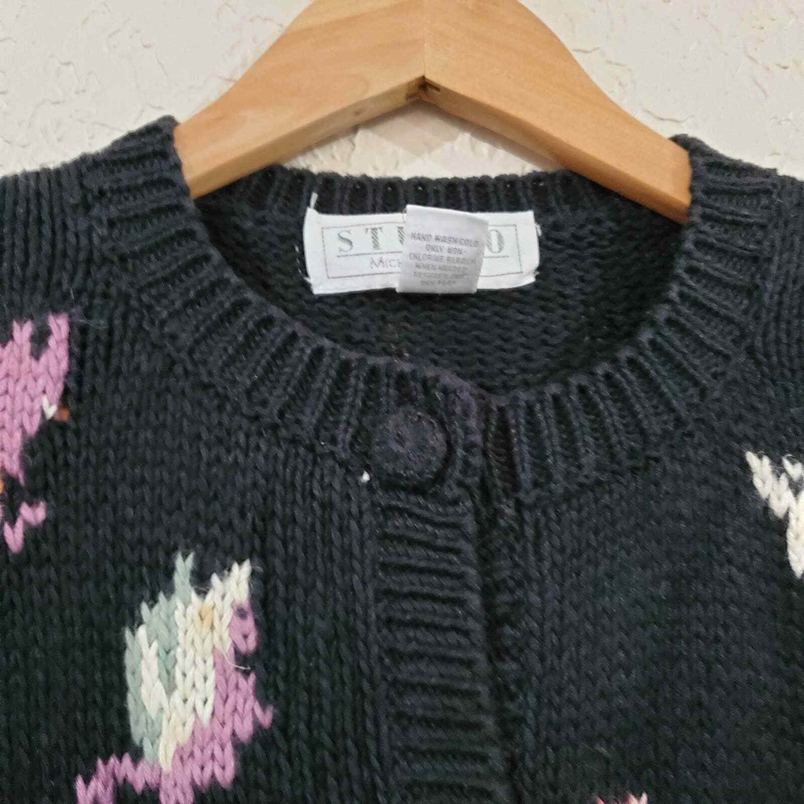 Michelle Stuart Studio Vintage 90’s Black Floral Knit Cardigan Size Large