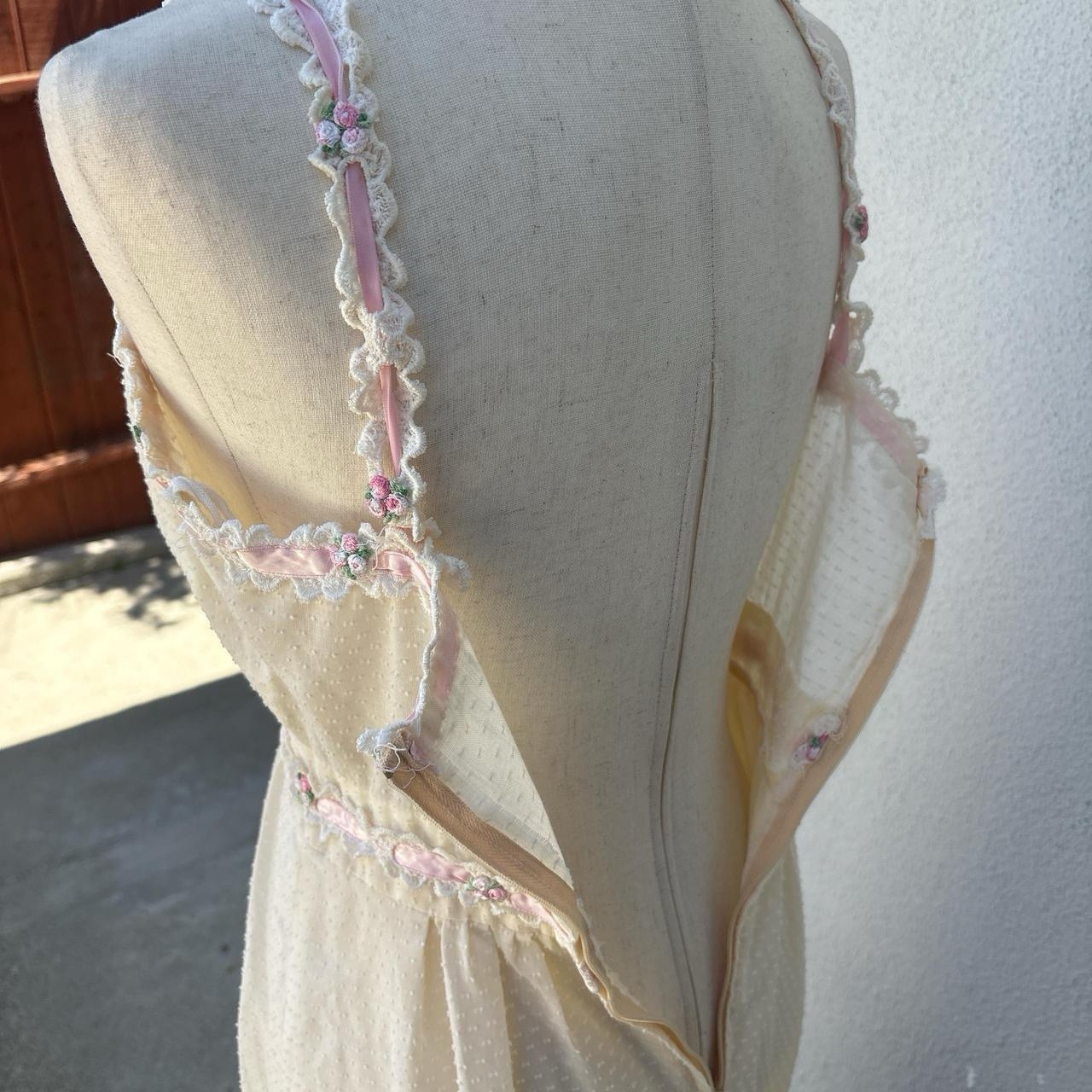 Vintage Handmade Dotted Swiss Dress With Embroidered Pink Rose Lace Trim