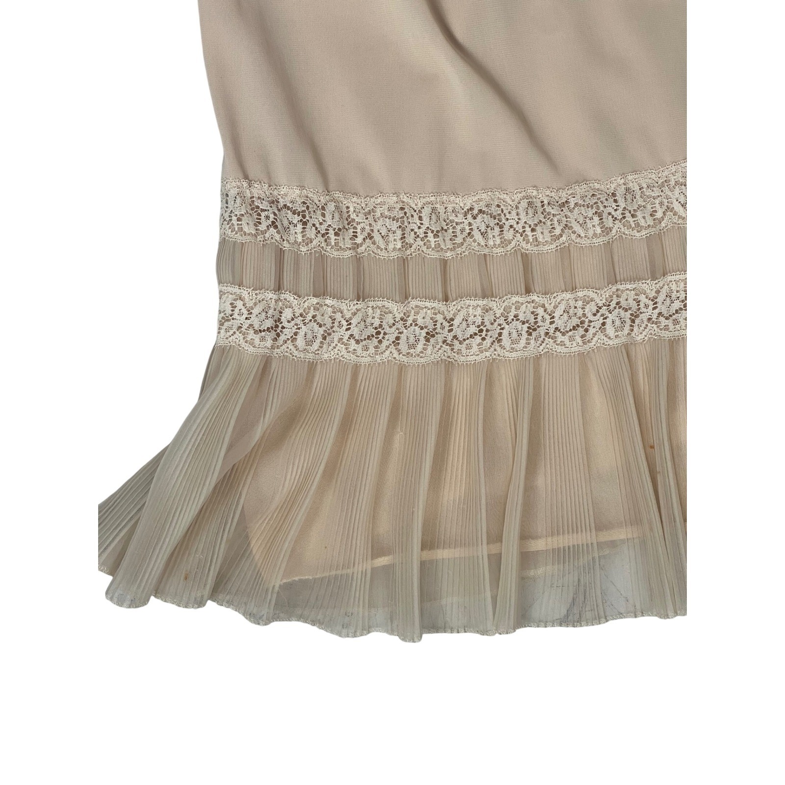 Vintage Charmode Sears Roebuck Nude Lace Pleated Ruffle Full Slip Dress Size 38