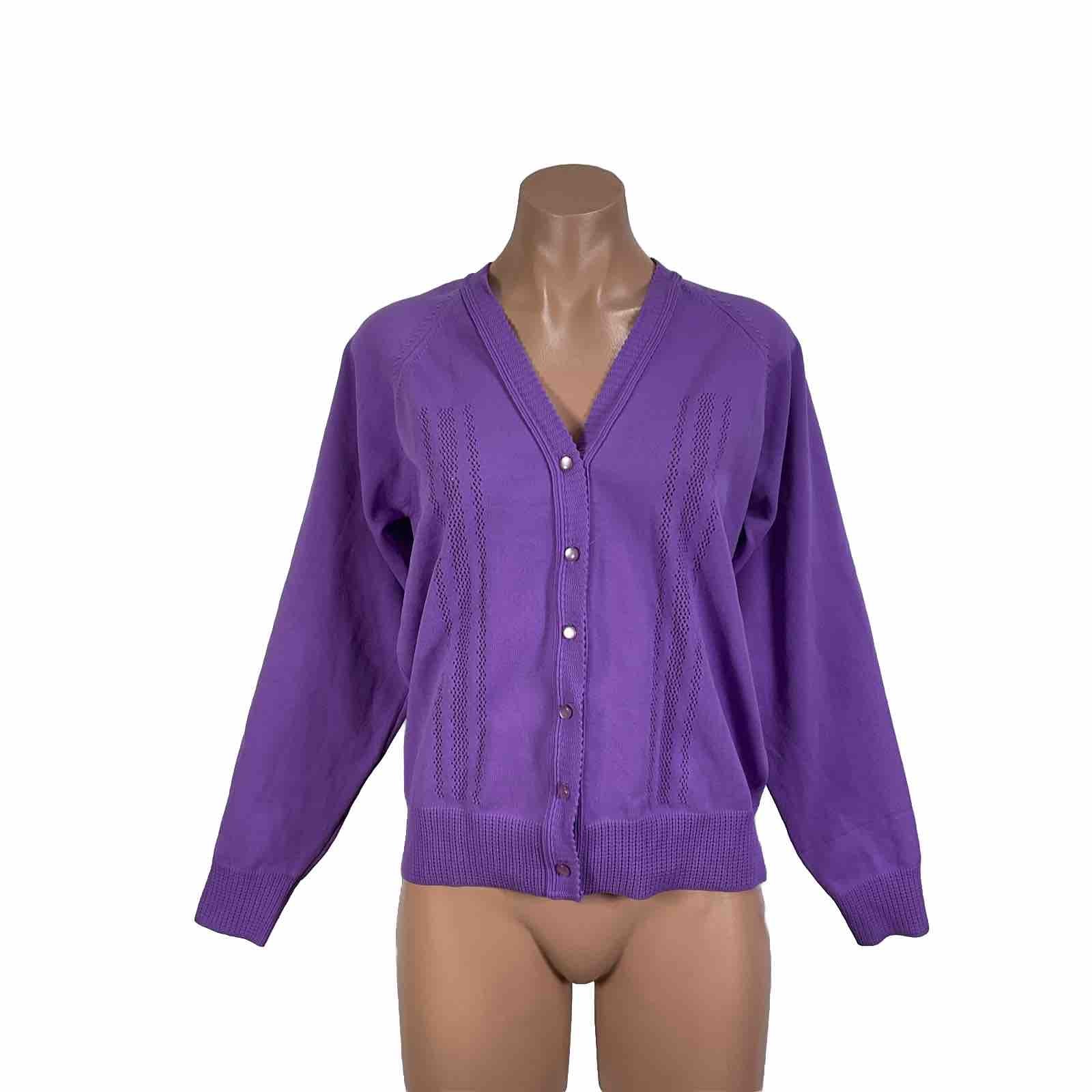 Vintage 1960s Knit Lilac Purple Embroidered Cardigan Sweater Grandma UK-36 US-M
