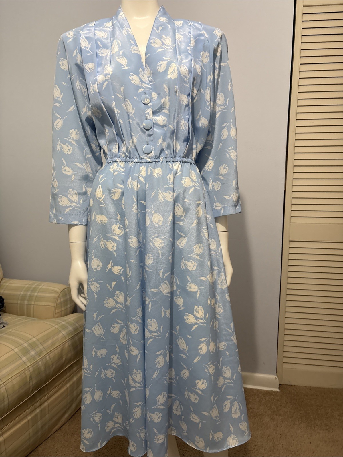 Vintage Pellini by Von Bramlett Blue White floral dress Buttons Pockets Sz M
