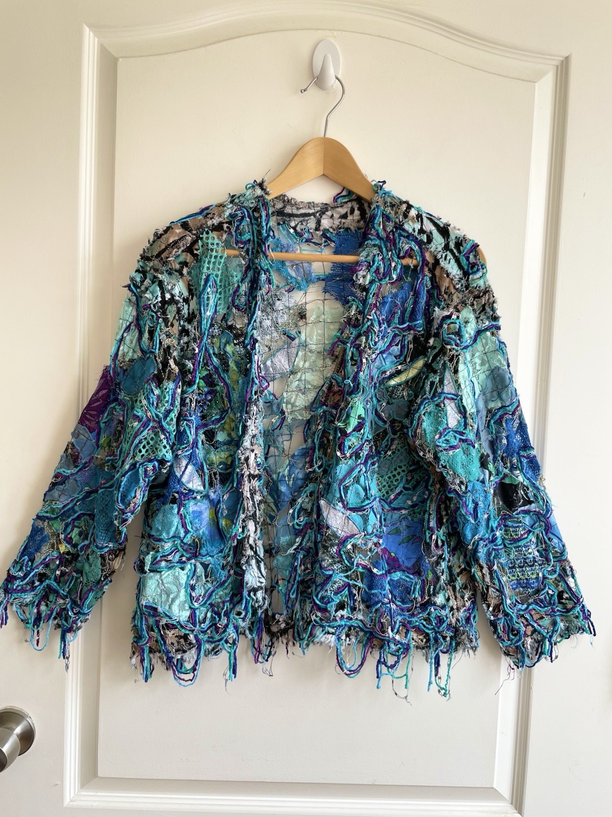 Vintage Handmade Artist Made Chenille Shaggy Patchwork Jacket Boho Pollock L