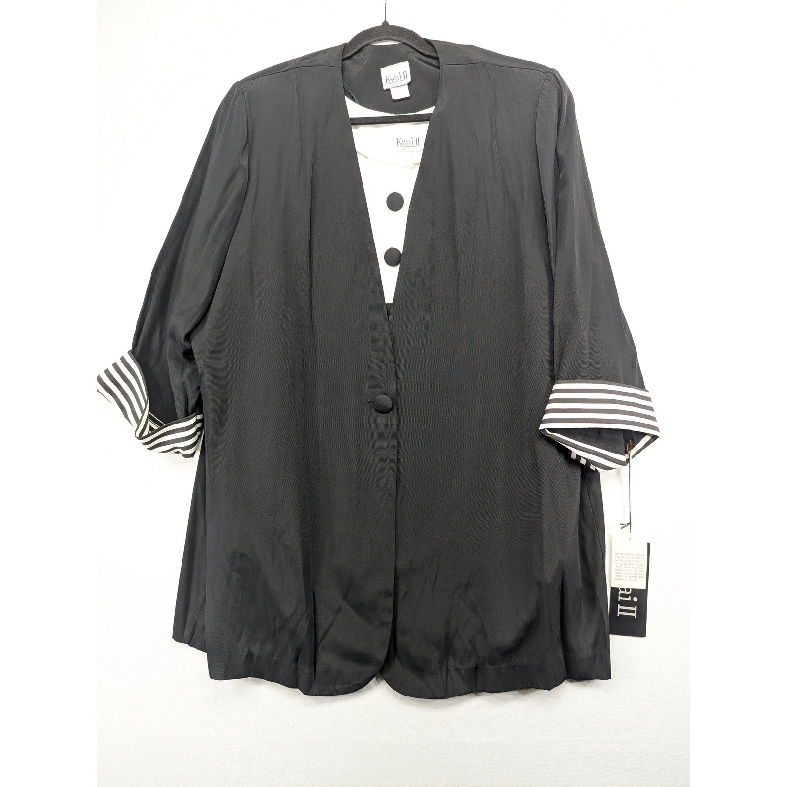 Kwai II Vintage Black Blazer White Blouse Set Plus Size 18W Striped Cuffs USA