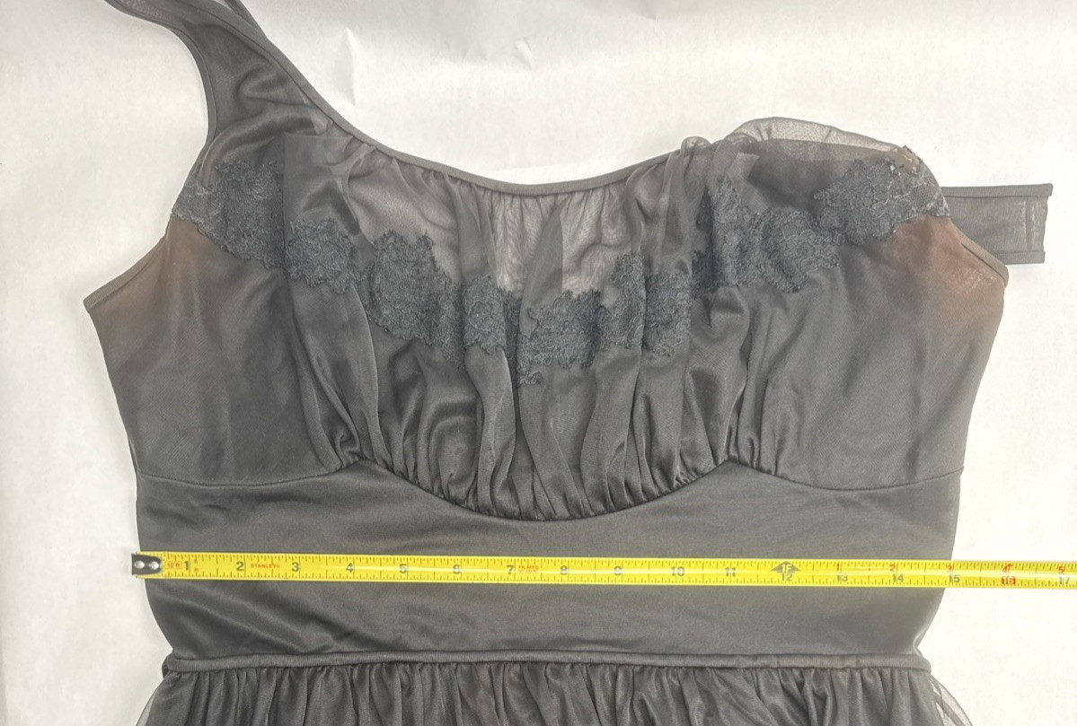 Vintage Shadowline Nylon Nightgown Black Size 34 Lace Empire Waist Tie Back