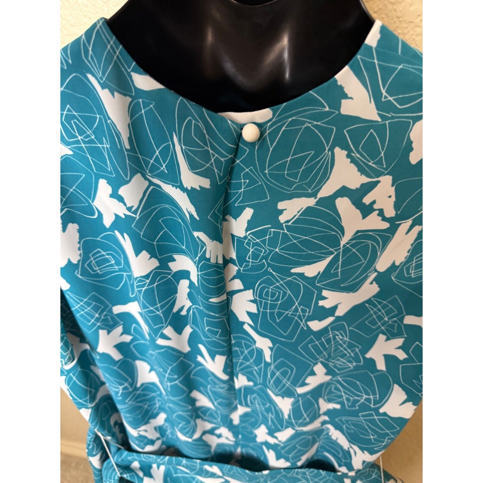 Teal Blue White 80’s Dress Wide Belt Sz 10 12 Geometric New Wave Flutter Sleeve