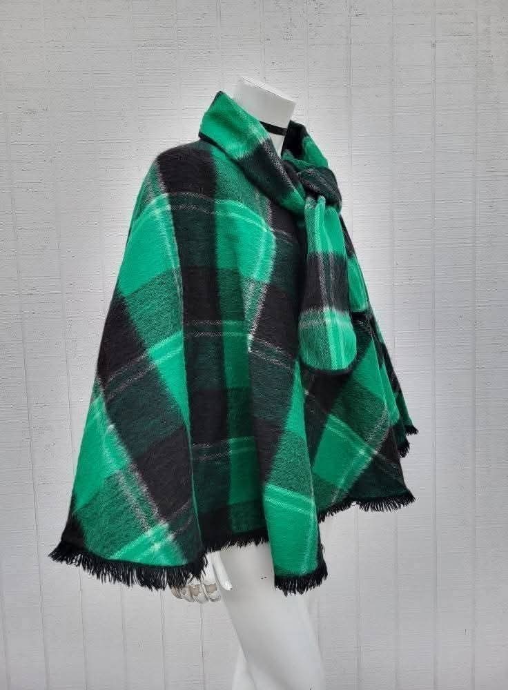 1960s Black And Green Plaid Poncho/Cape As Is