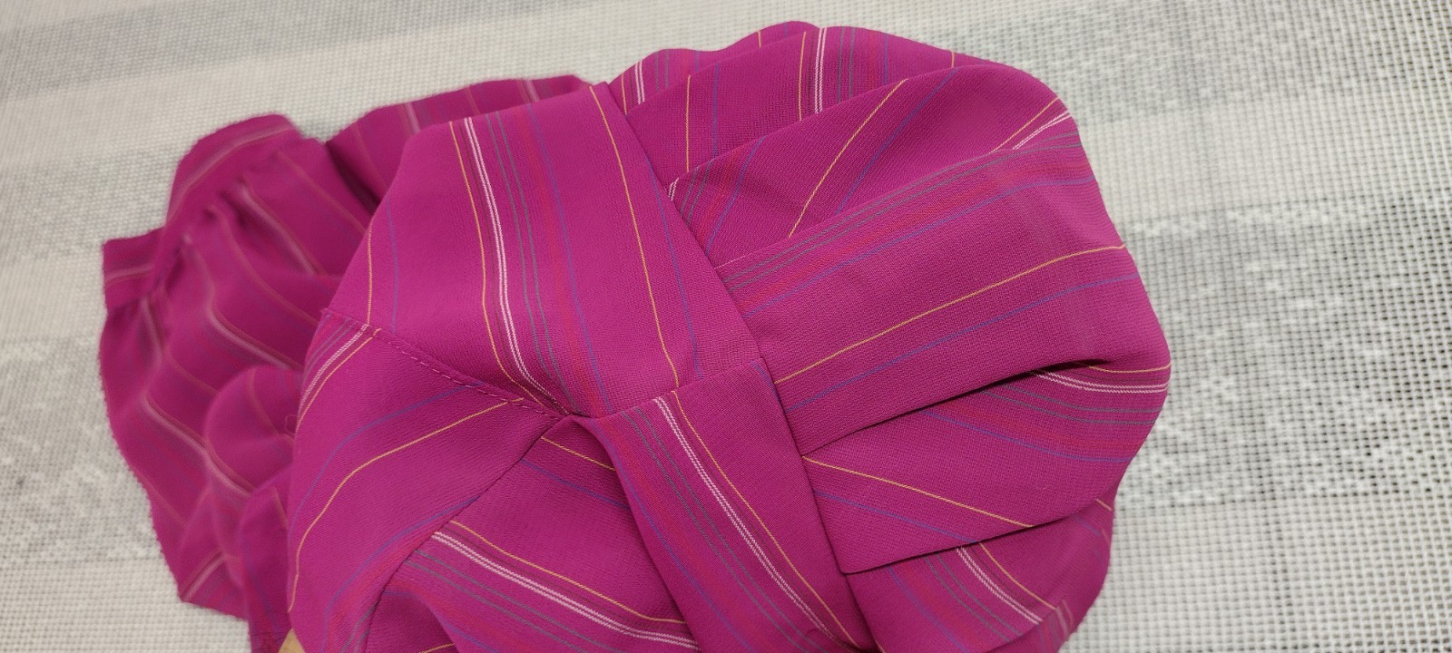 70s 80s Dress Pink Fuchsia Stripes Sheer Short Puffy Sleeve 40s 3/4 Sleeves M