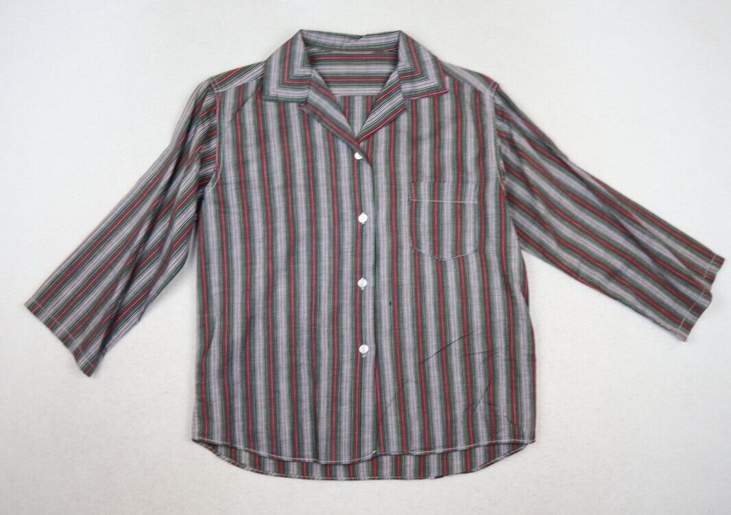 Vintage Women’s Top Size S Gray Green Red Striped 3/4 Sleeve Button-Up Shirt
