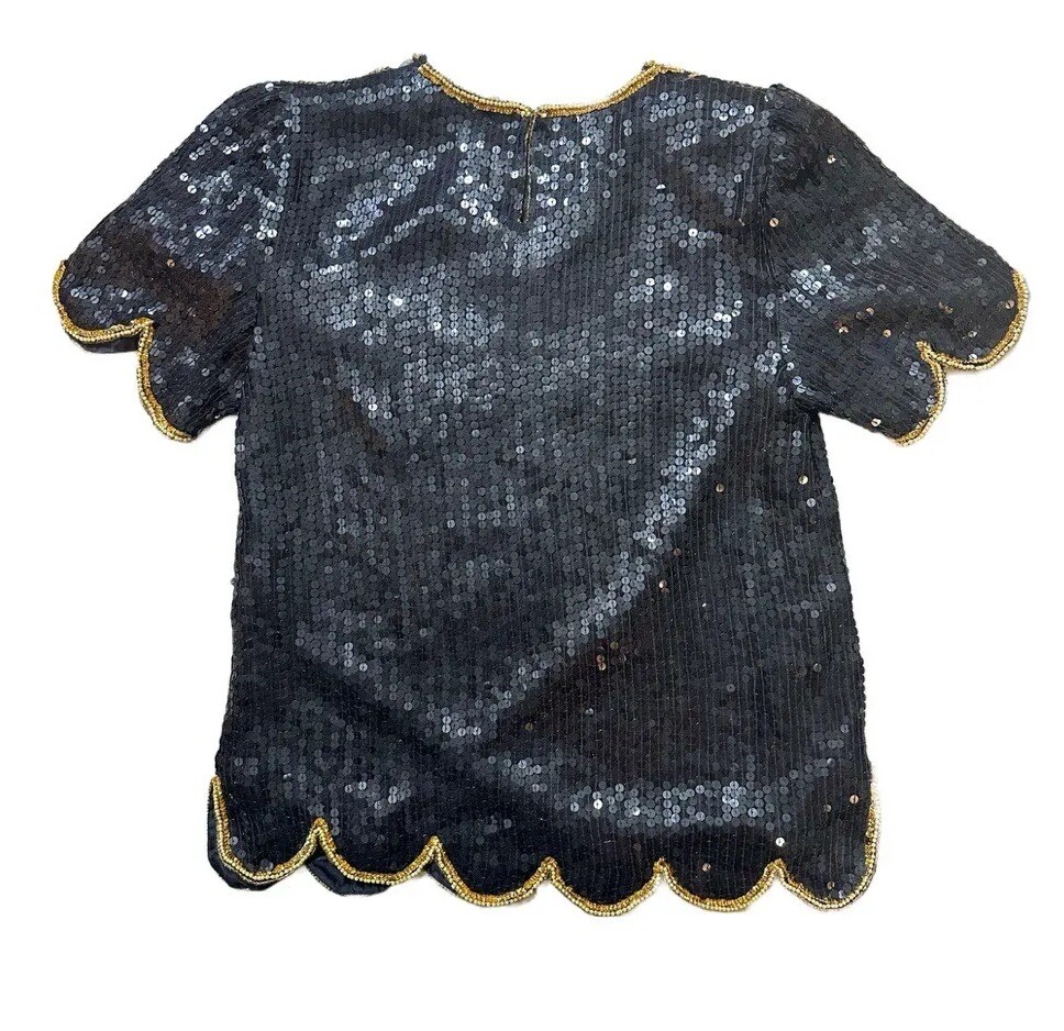 80s DEJAVU Silk Black And Gold Beaded Glam Sequin Top Woman Medium