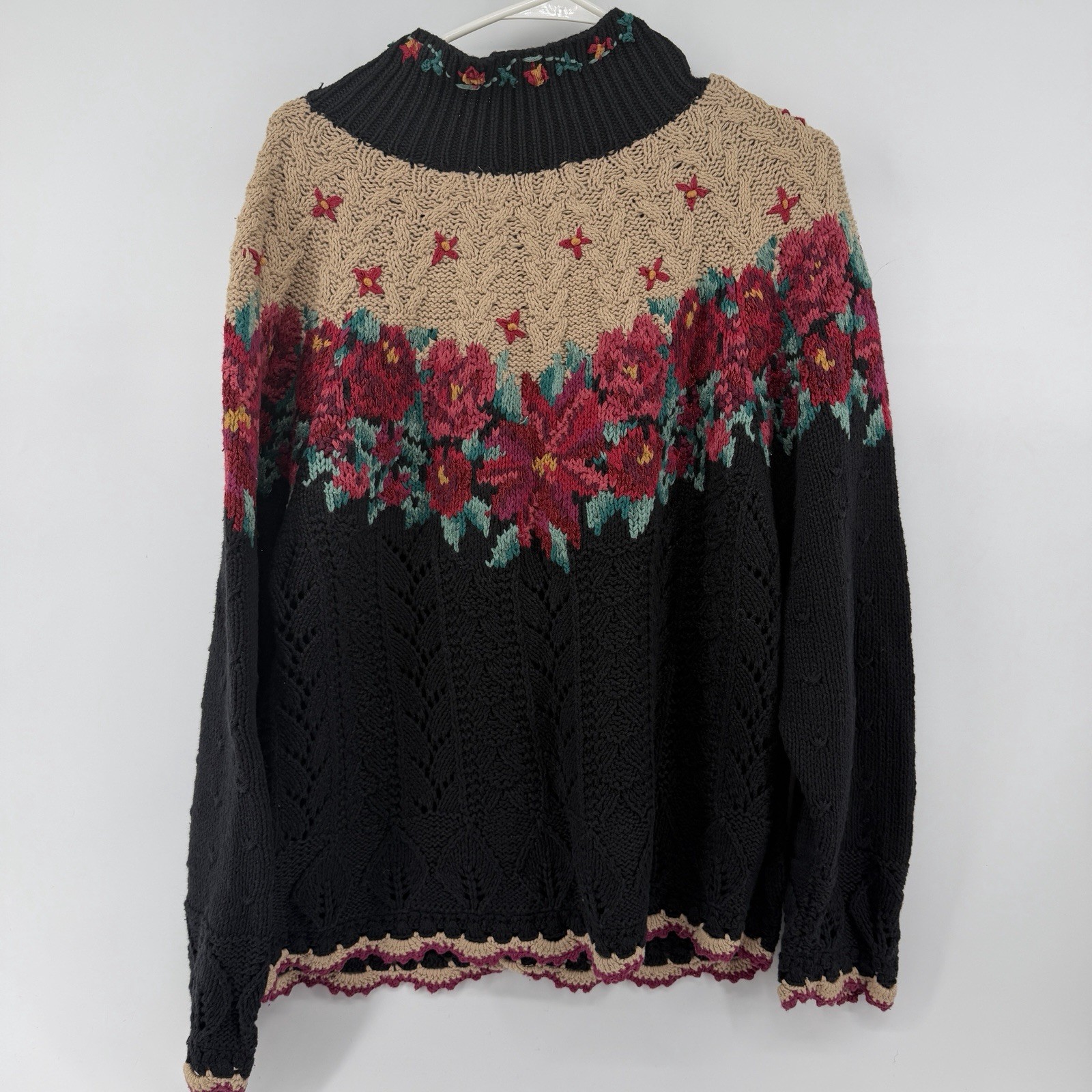 VTG Signatures by Northern Isle Hand Knitted Cardigan Sweater Sz L Floral Ladies