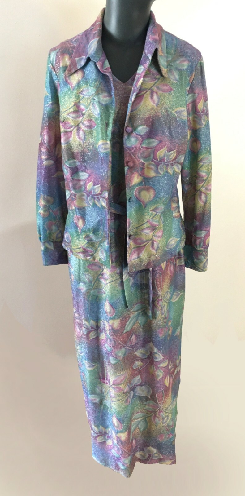 60s Size 16 Bust 38 Lurex Long Dress Jacket Belt VTG Maxi Prom Evening Gown Boho