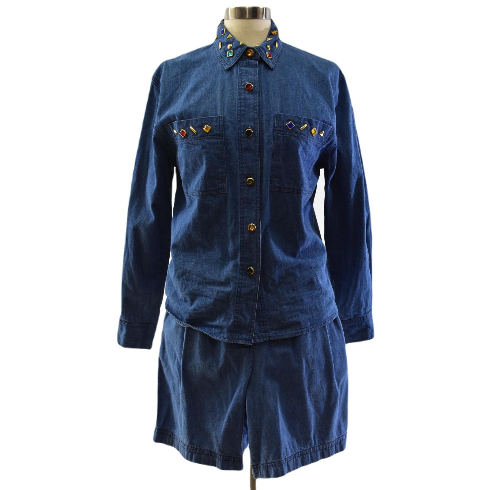 Fstop Jeweled Denim Outfit PleaTed Shorts & Shacket Women’s S