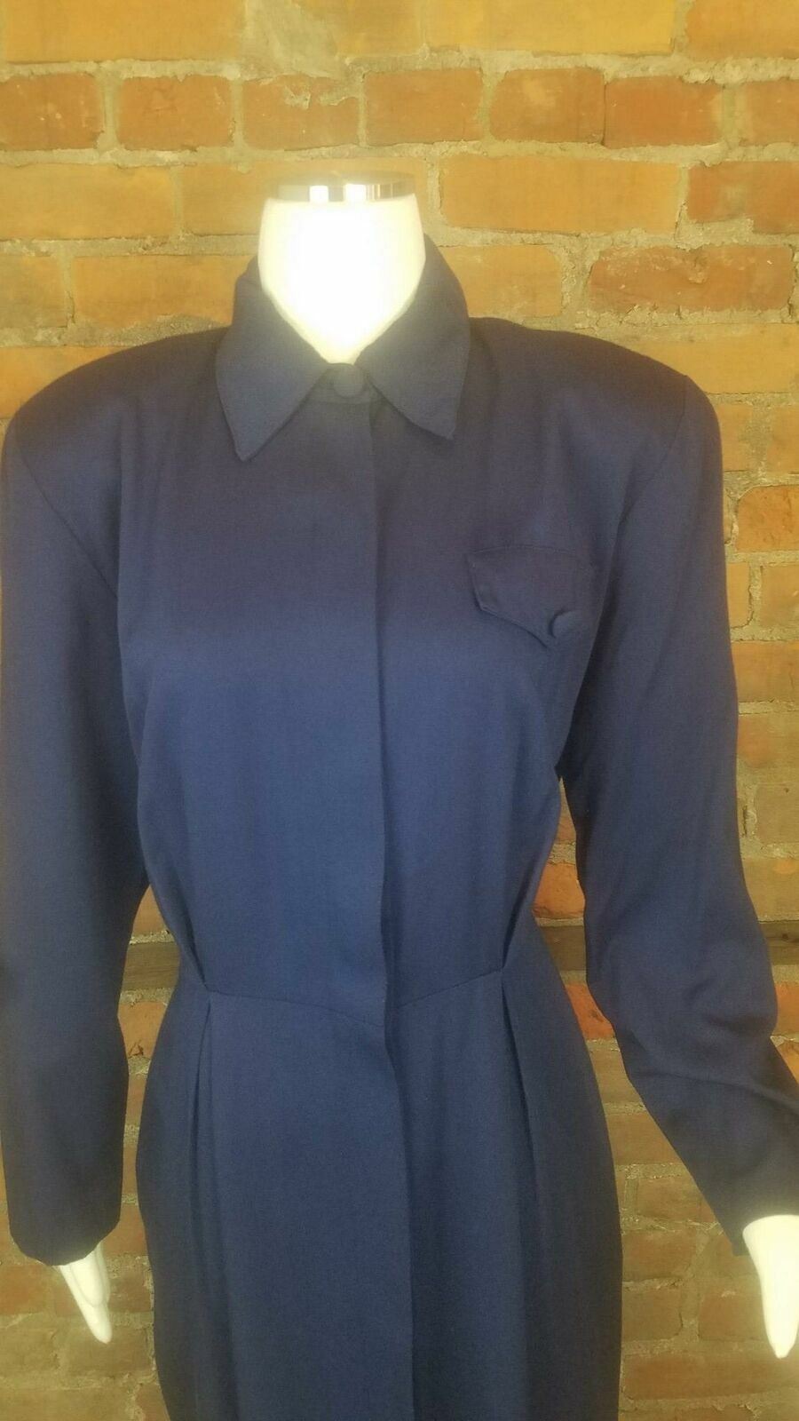 Vintage Women’s 80s Dress Navy Shirt Dress Button Front Lg Sleeves Sz L