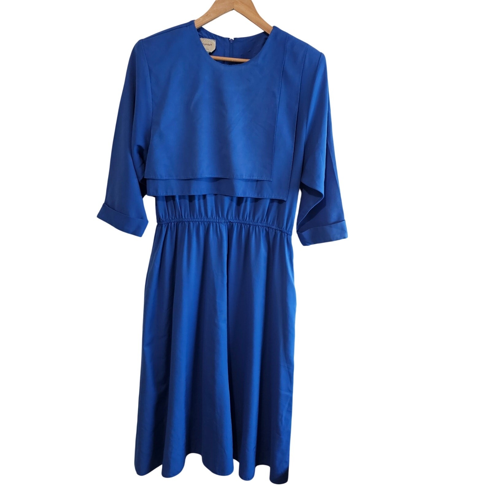 Vintage Shirt Dress Womens 13/14 Blue Lagenlook 80s Pleated Midi Retro Mod Glam