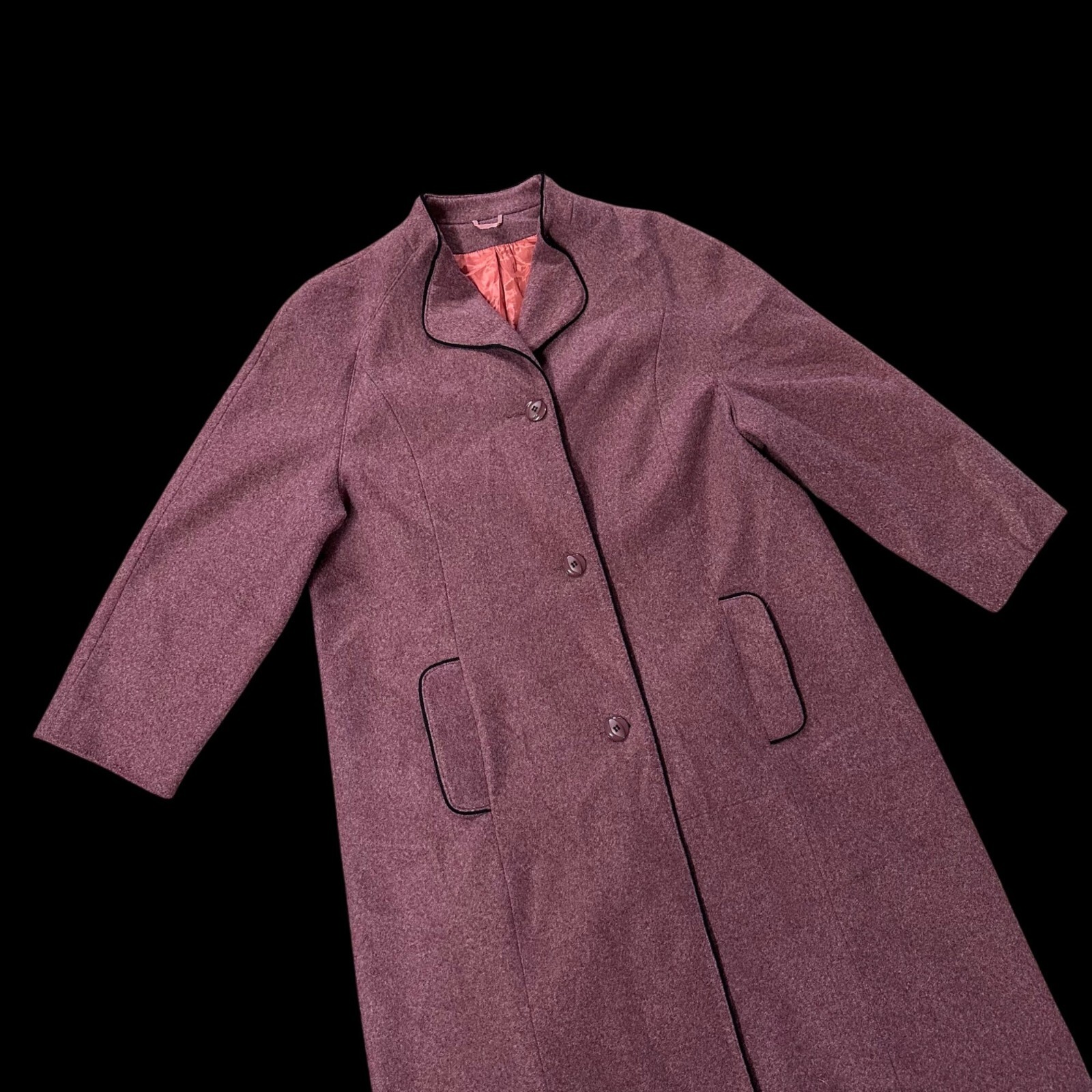 Vintage Womens Coat Sears Button Closure Pockets Mauve Pink 1980s Retro Long