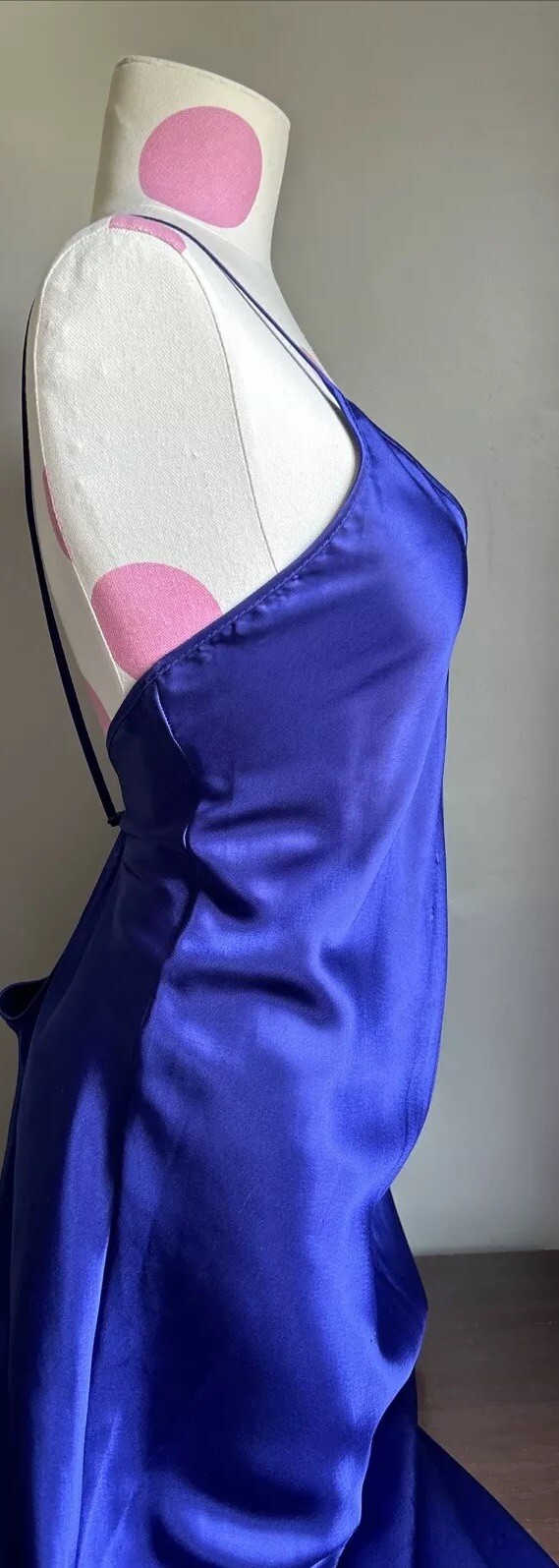 Vtg Lady Cameo Dallas Slippery Satin Glossy Blue Slip dress Nightie L Slit Bow
