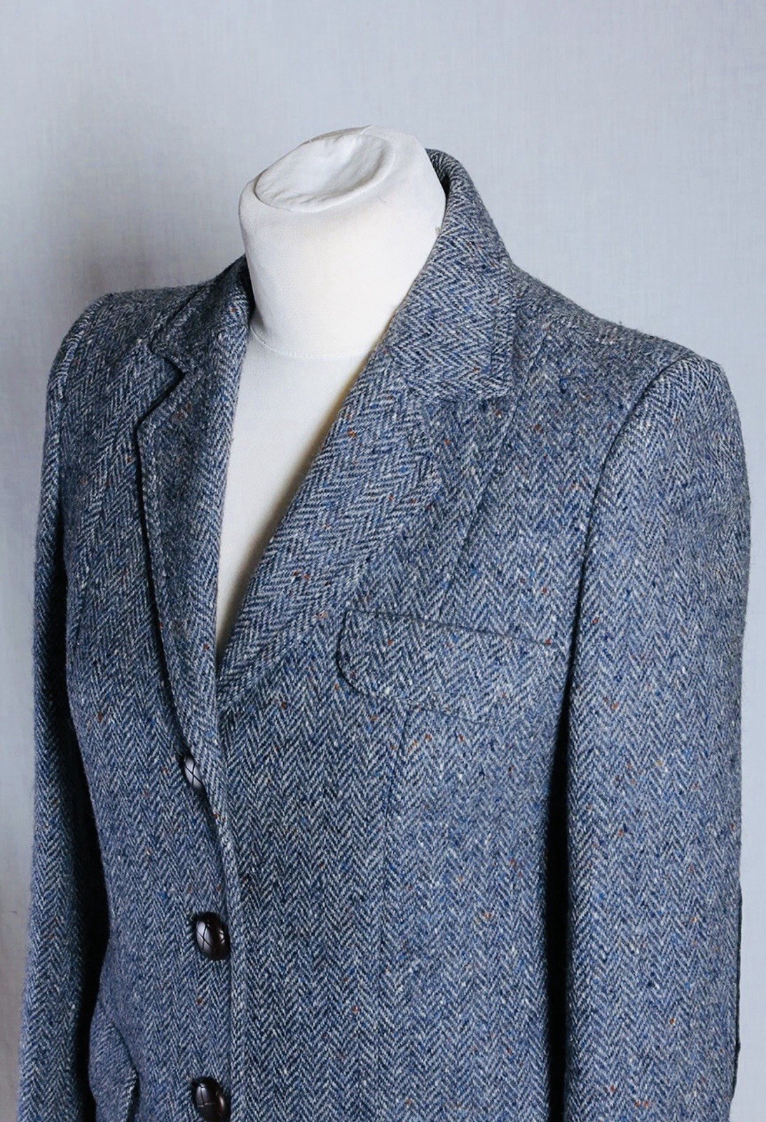 Donegal Tweed Jacket Blazer Wool Vintage Blue Grey Hourihan Dublin Leather