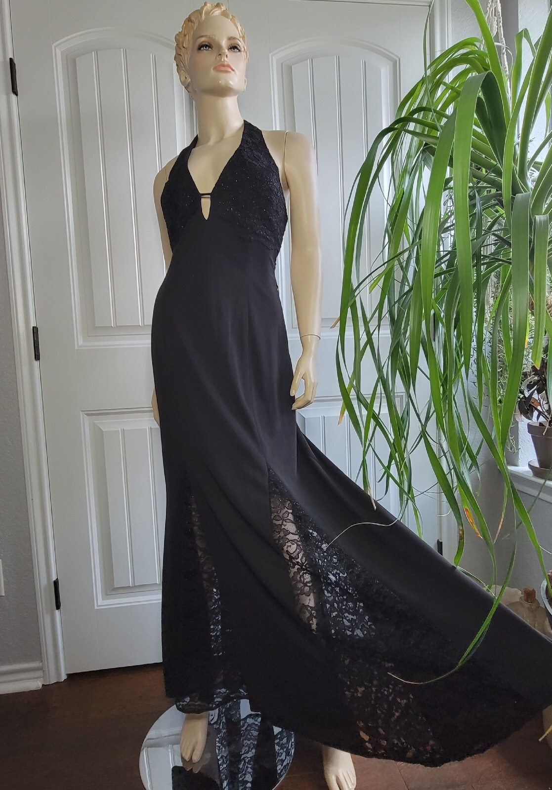 vintage 90s Niki by Niki Livas black formal dress open back corset godet hem 12 