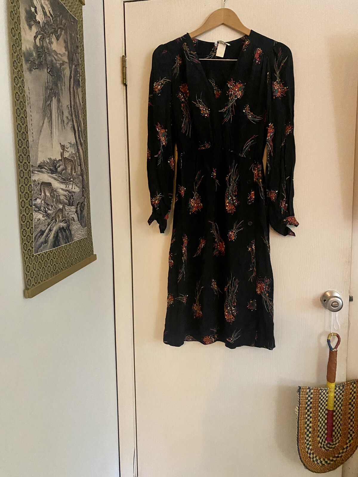 VTG Whimsygoth Rayon 70s Atomic Print Button Down Balloon Sleeve Midi Dress S