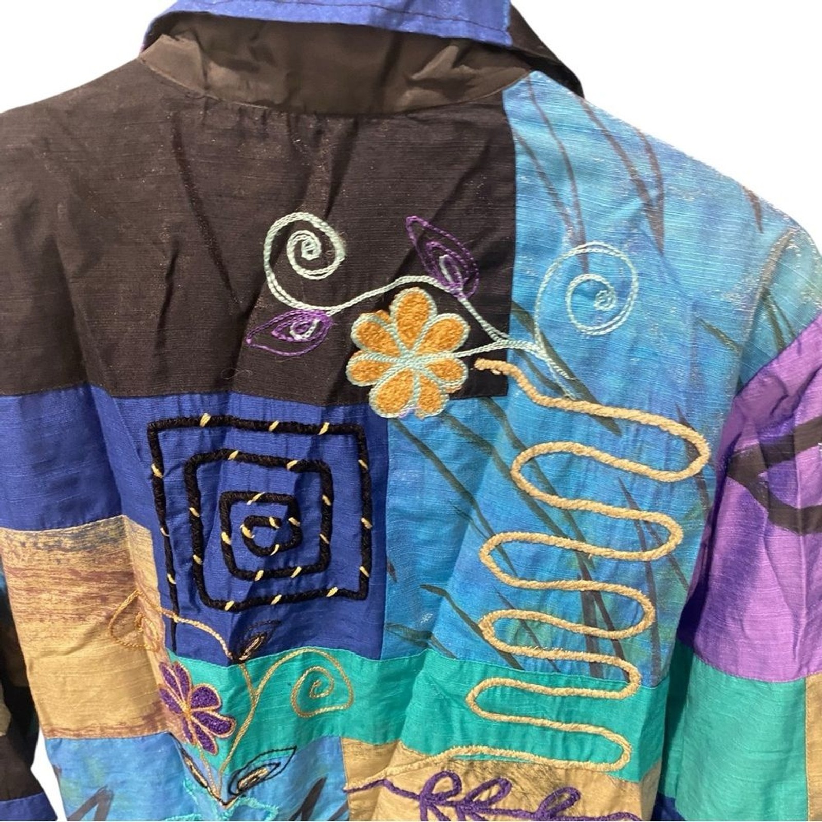 ALEX KIM Womens Artistic Patchwork Blazer 90s Vintage Cotton Rayon Size PL