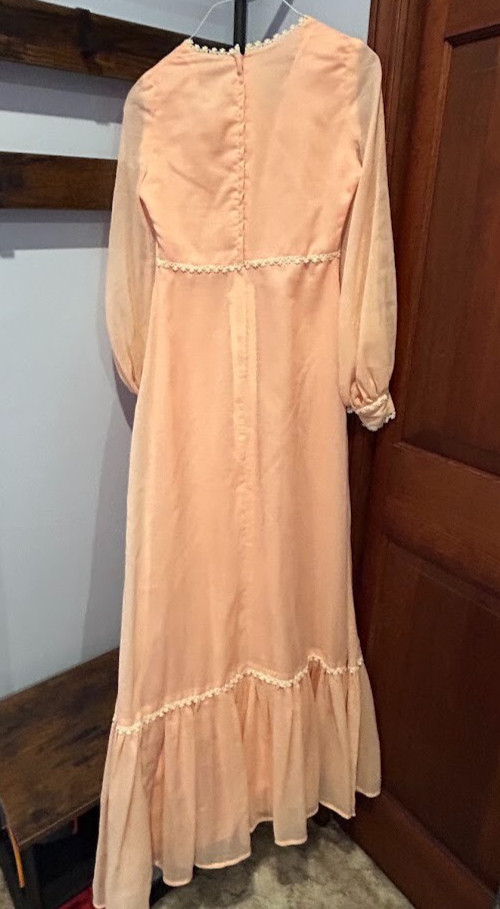 VTG Romantic Cottagecore Fairycore Boho Prairie Dress White Trim Peach Sz XS-S