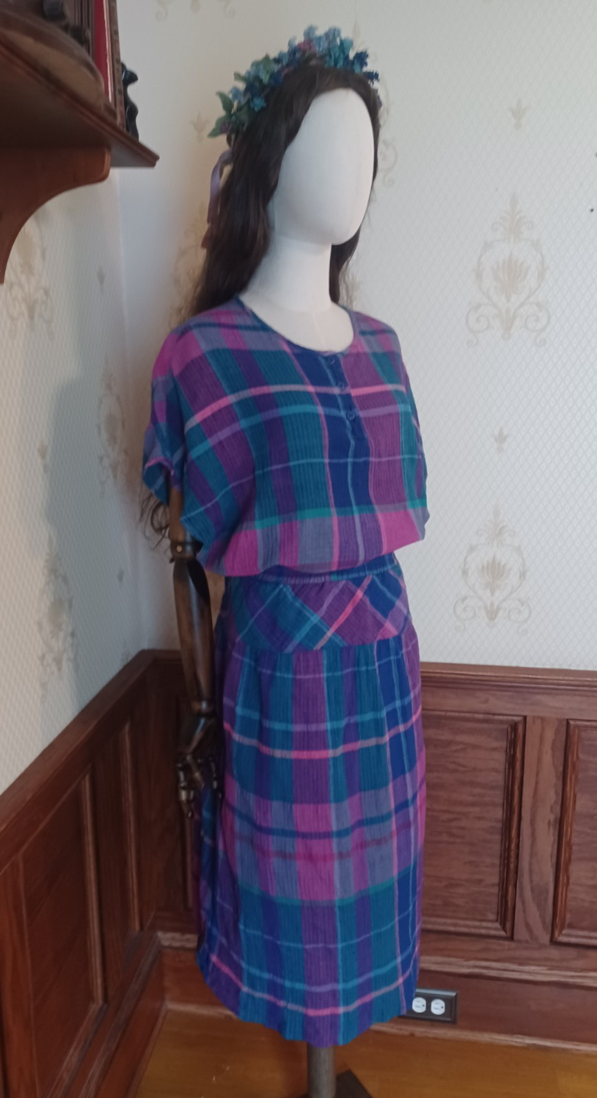 Vintage 1980s Ms. Blake Cotton Preppy Cottagecore Jewel Tone Plaid Skirt Suit