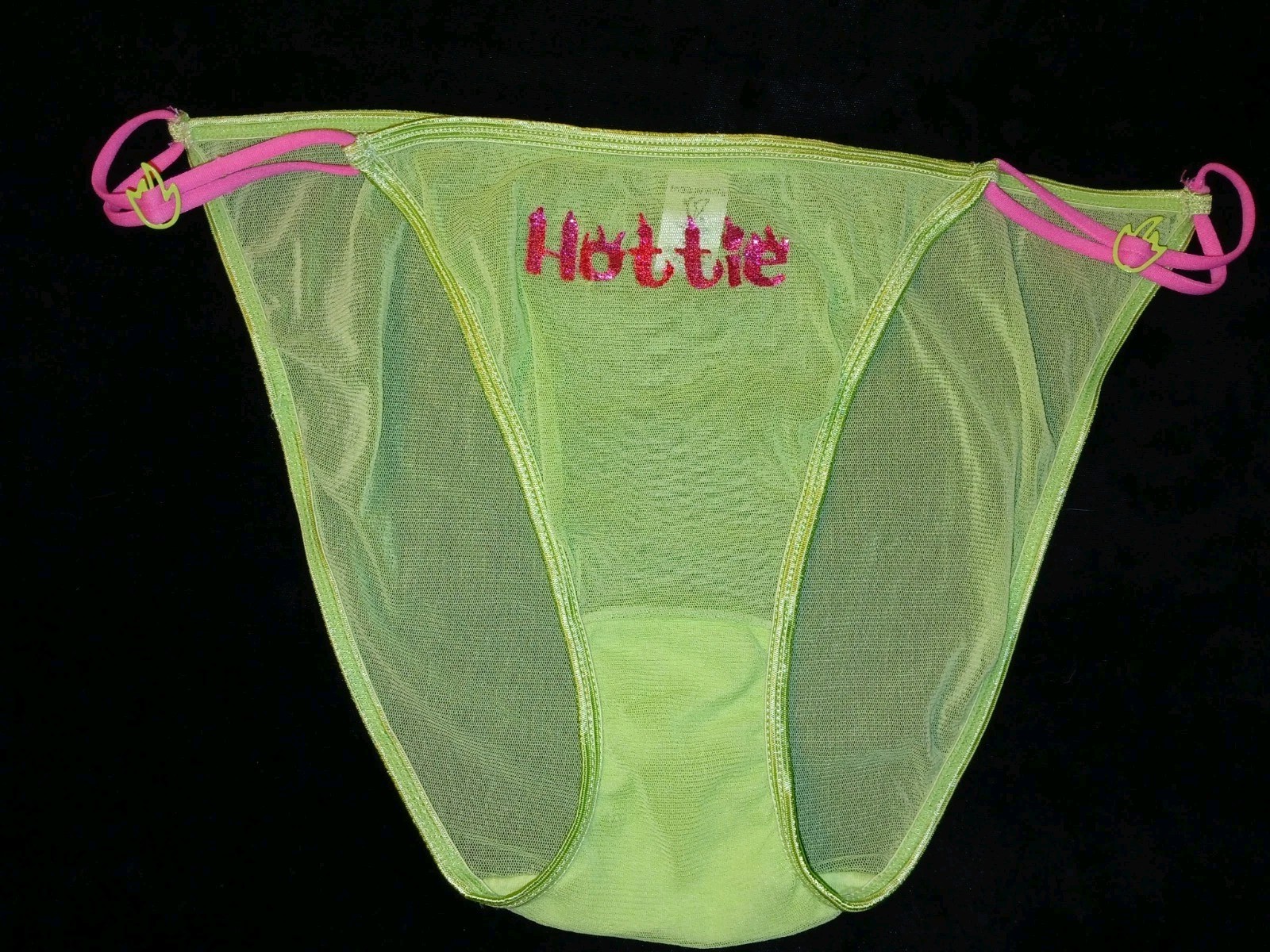 Vintage Fashion Bug Pink Glitter HOTTIE Sheer Lime Green String Bikini Panties L