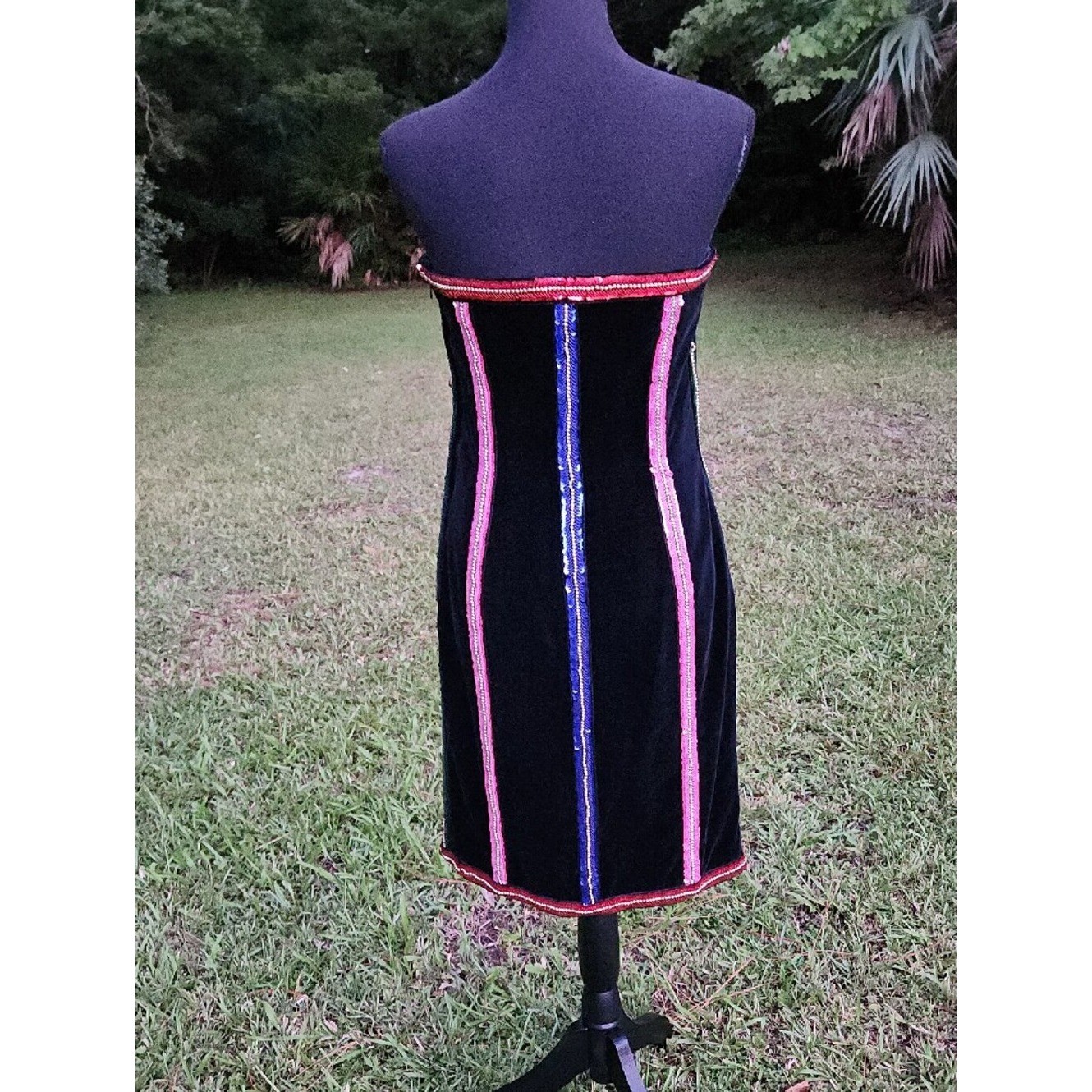 VTG Escada Black Velvet Strapless Dress with Pink Green Blue SEQUIN Gold BEAD M.