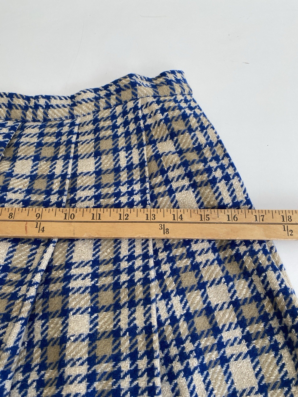 Vintage Handmade 50s S 100% Wool Pleated Full Skirt Blue Ivory Plaid