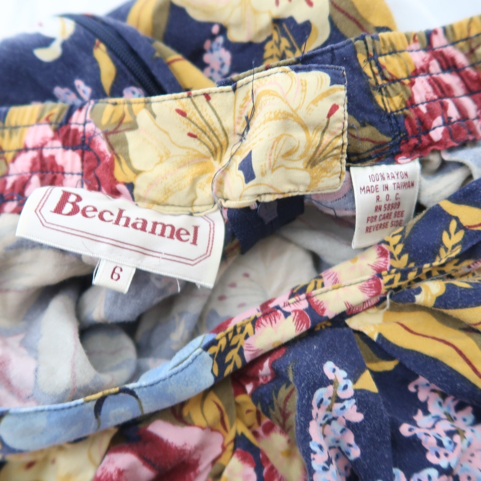 Vintage 90s Bechamel navy blue and pink floral print full midi skirt 6