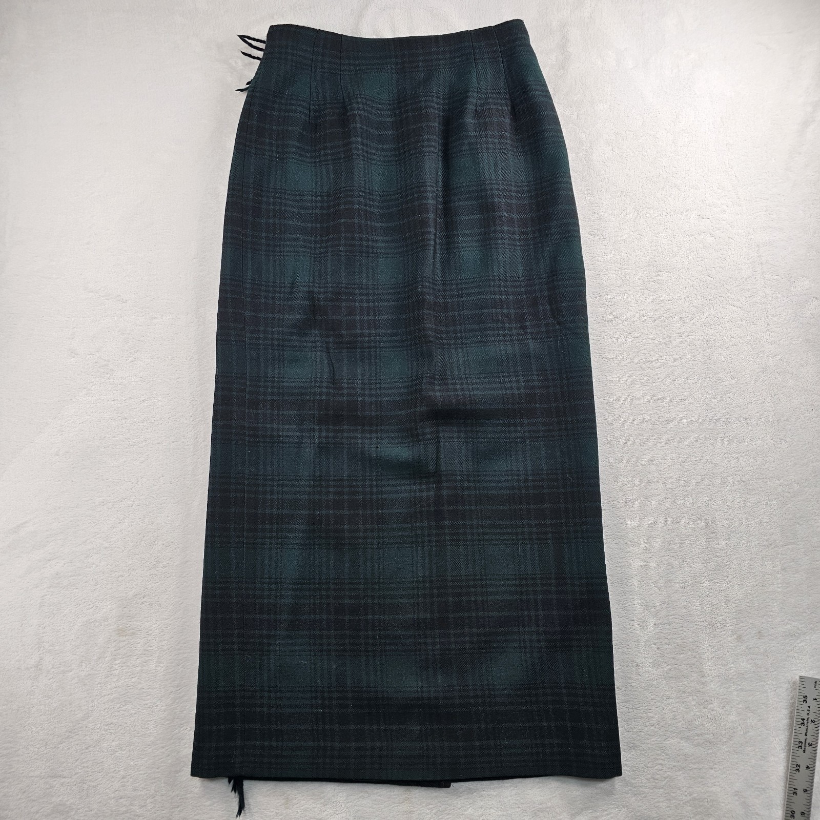 Vtg Breeches 100% Wool Tartan Plaid Maxi Skirt Womens 8 27×37 Green Black Fringe