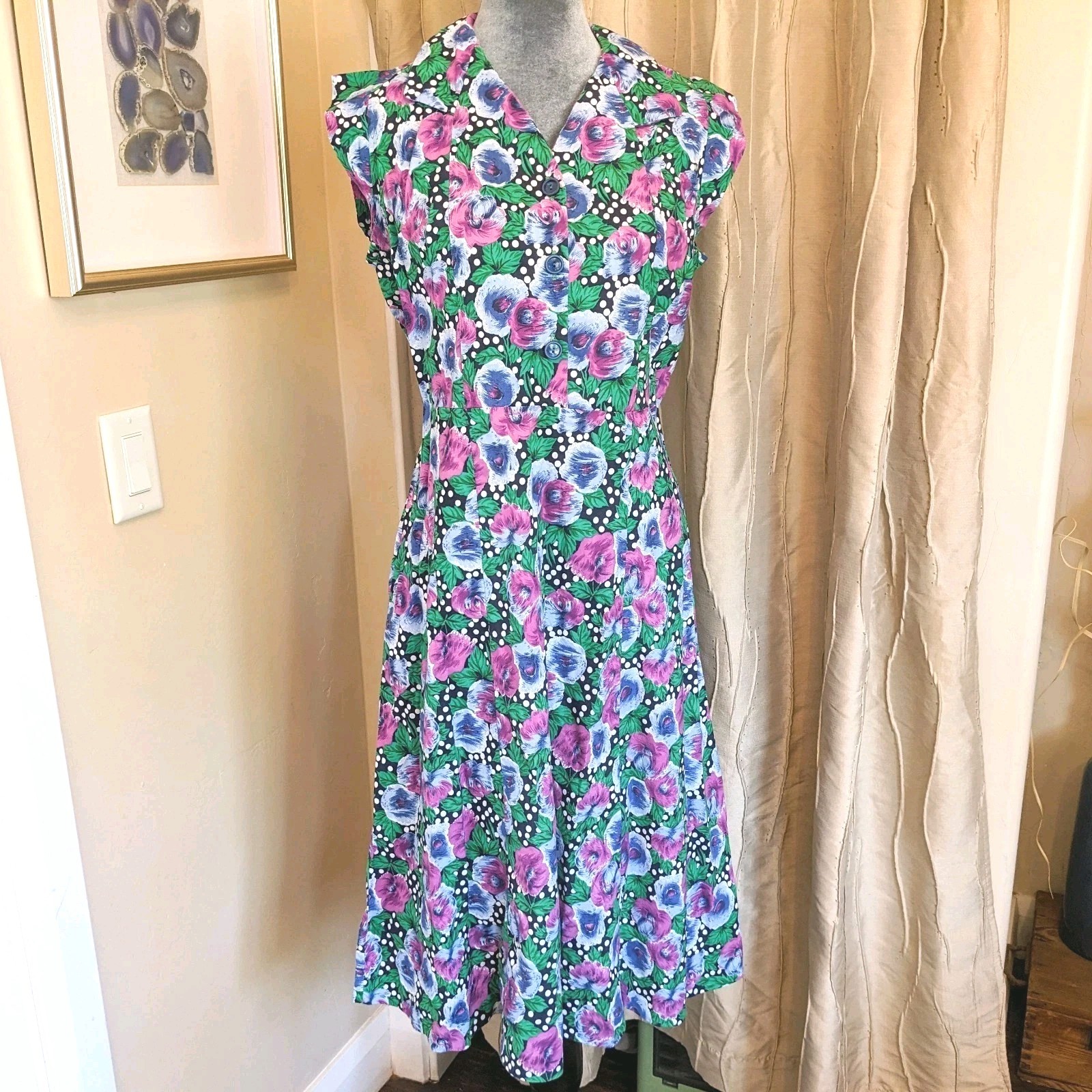 Vintage Handmade Polka Dot Floral Shirt Dress L Button Up Front Cottagecore Midi