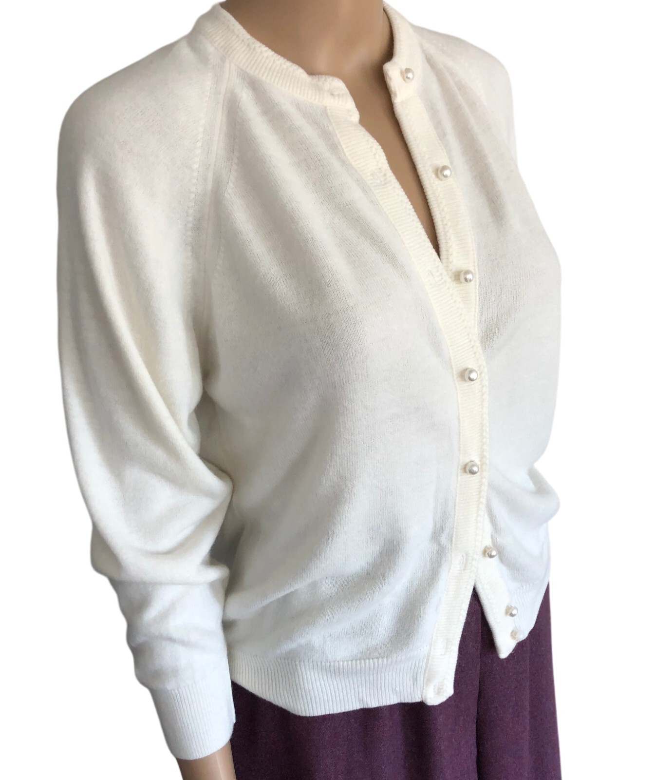 vtg Lord & Taylor Lightweight Cardigan Sweater PS Ivory Pearl Buttons USA