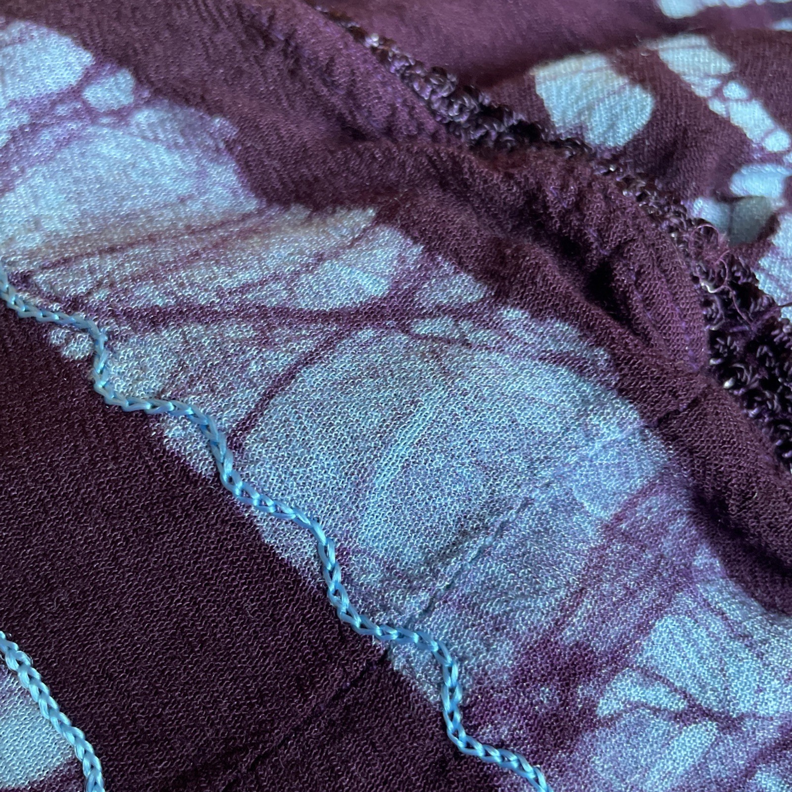 Vintage Deep Plum & Teal Batik Embroidery Crinkle Rayon Ethnic Hippie Top