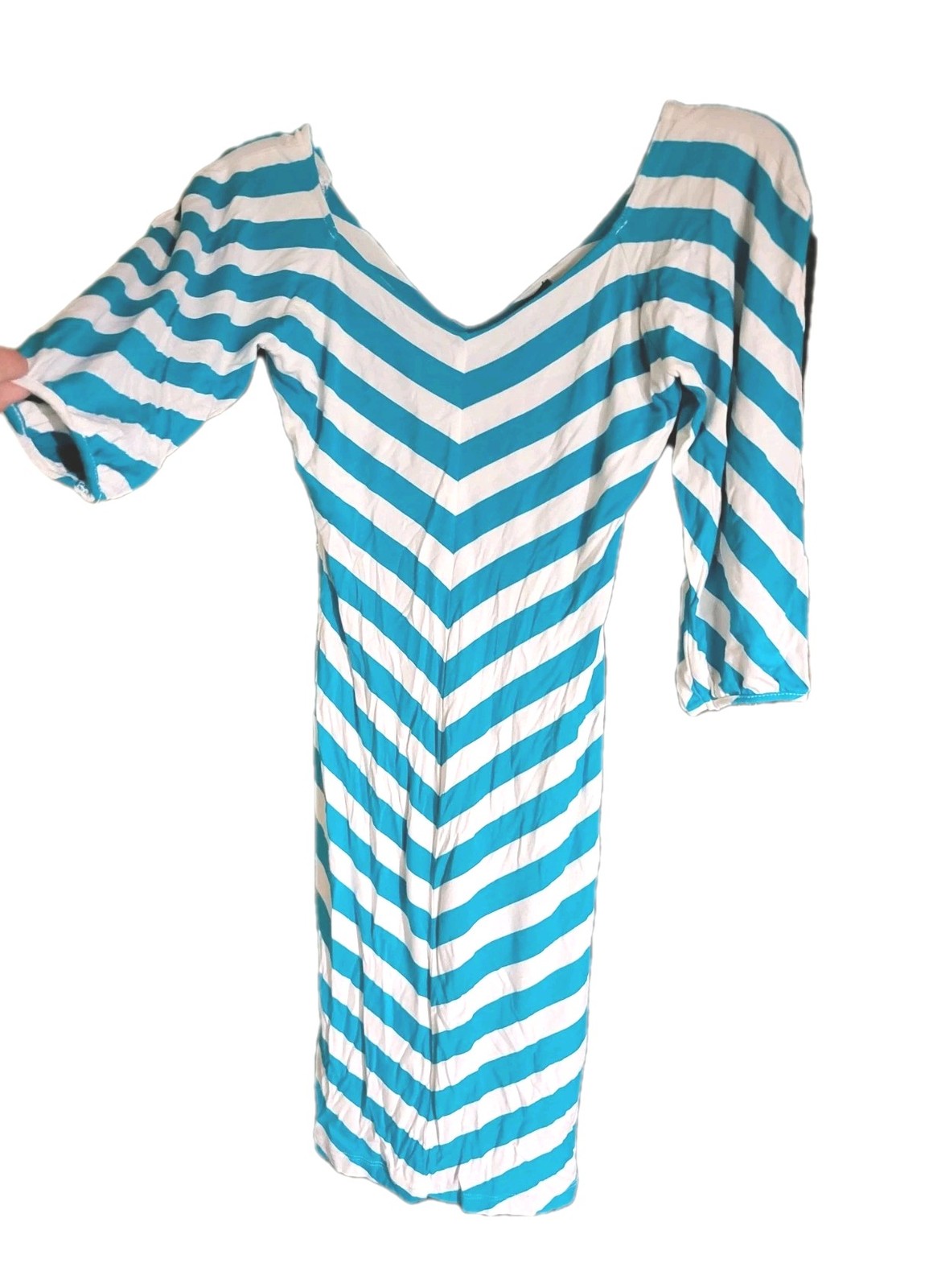 VTG 80s BEBE Stretch Tube Dress XS Turquoise White V-Stripe NWOT + FREE SHIPPING