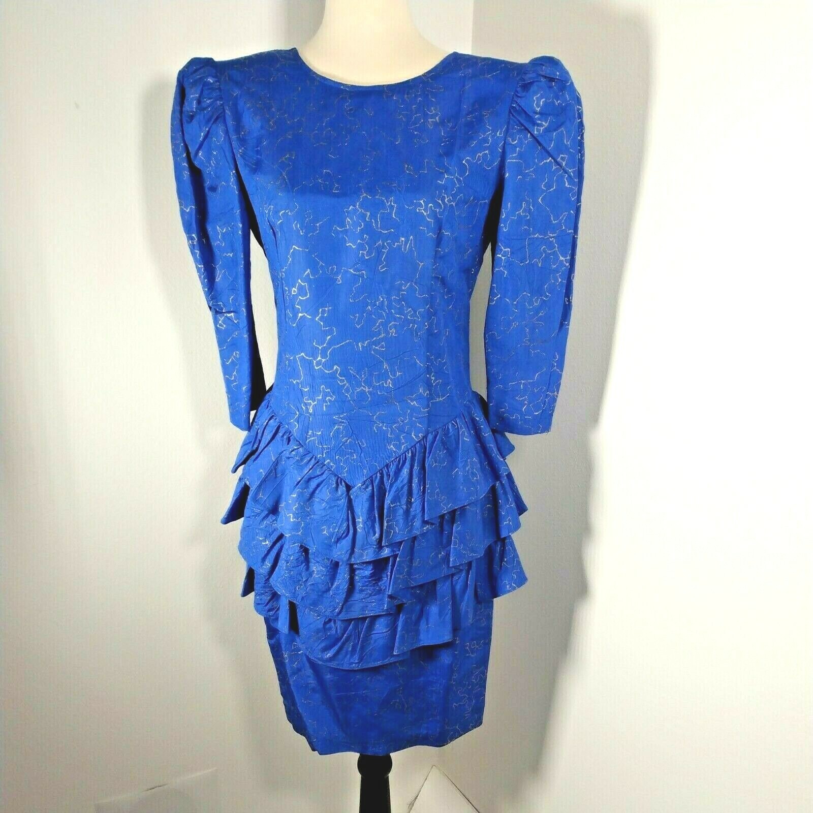 CREME Midi Dress Womens 7 Midi Blue Gold Puffy Sleeve Ruffles 80’s True Vintage